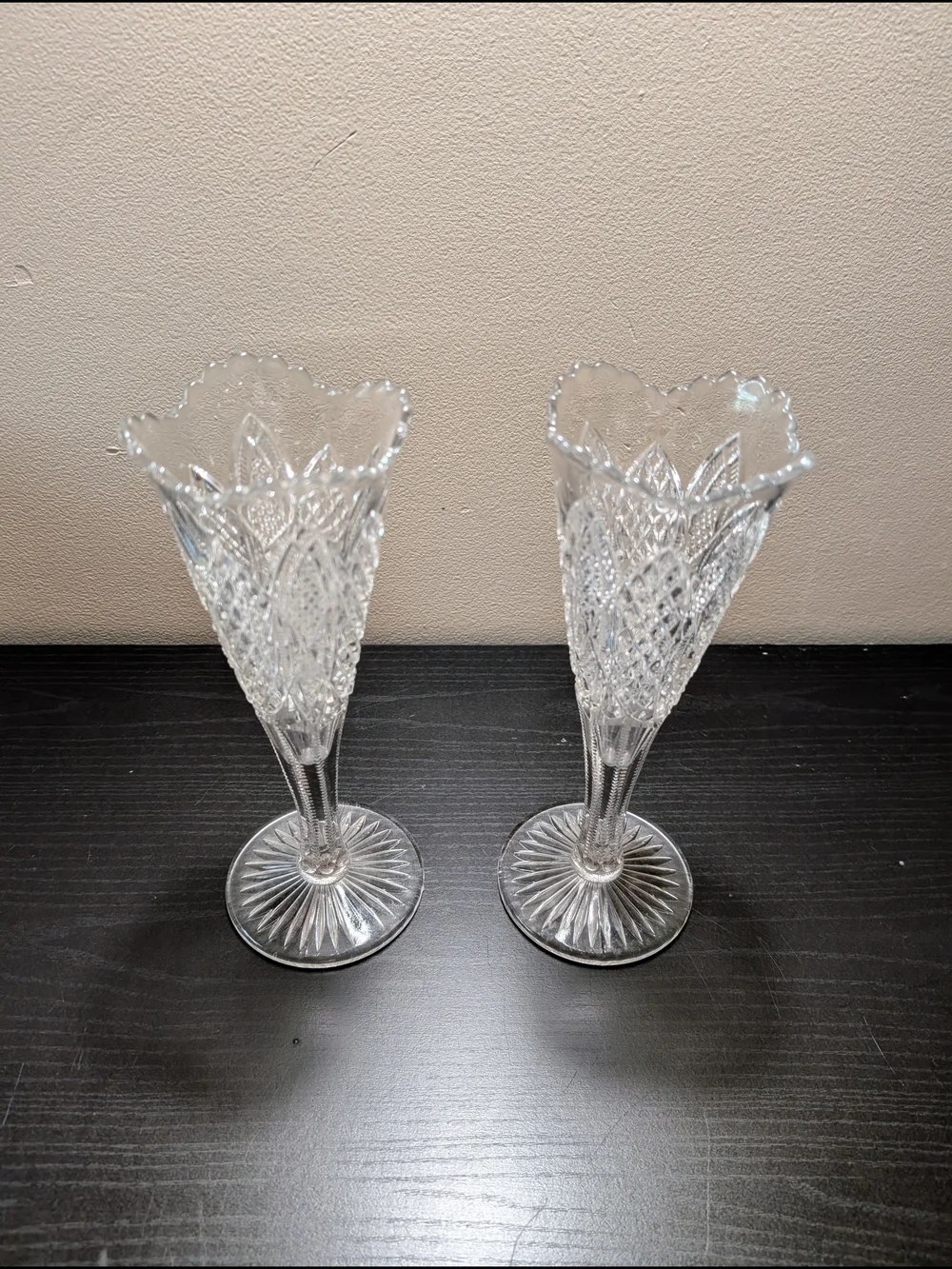 Duncan and Sons Diamond Cut Glass Crystal-Style Pair of Etched Fluted Vases